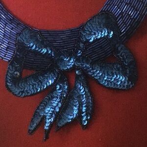 Starkles Vibrant Blue Vintage 80’s Seed Bead & Sequins Leather Backed Bib Collar